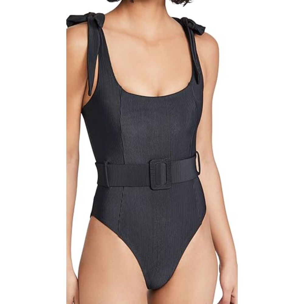 Beach Riot Black Ribbed Belted One-Piece Swimsuit